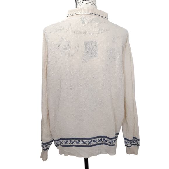 Vintage 90s Collared Polo Sweater Blue Birds Cream XL Grandmacore Farmhouse - Picture 2 of 10